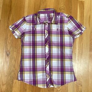 Kuhl women’s plaid short sleeve button front top purple yellow white - Small